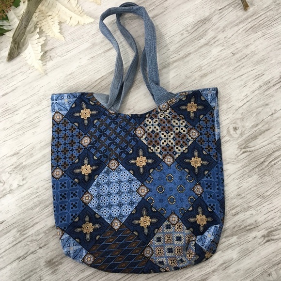 Boho Hippie Patchwork Denim Blue Jean Hand Bag Handmade Print Fabric - Picture 7 of 9